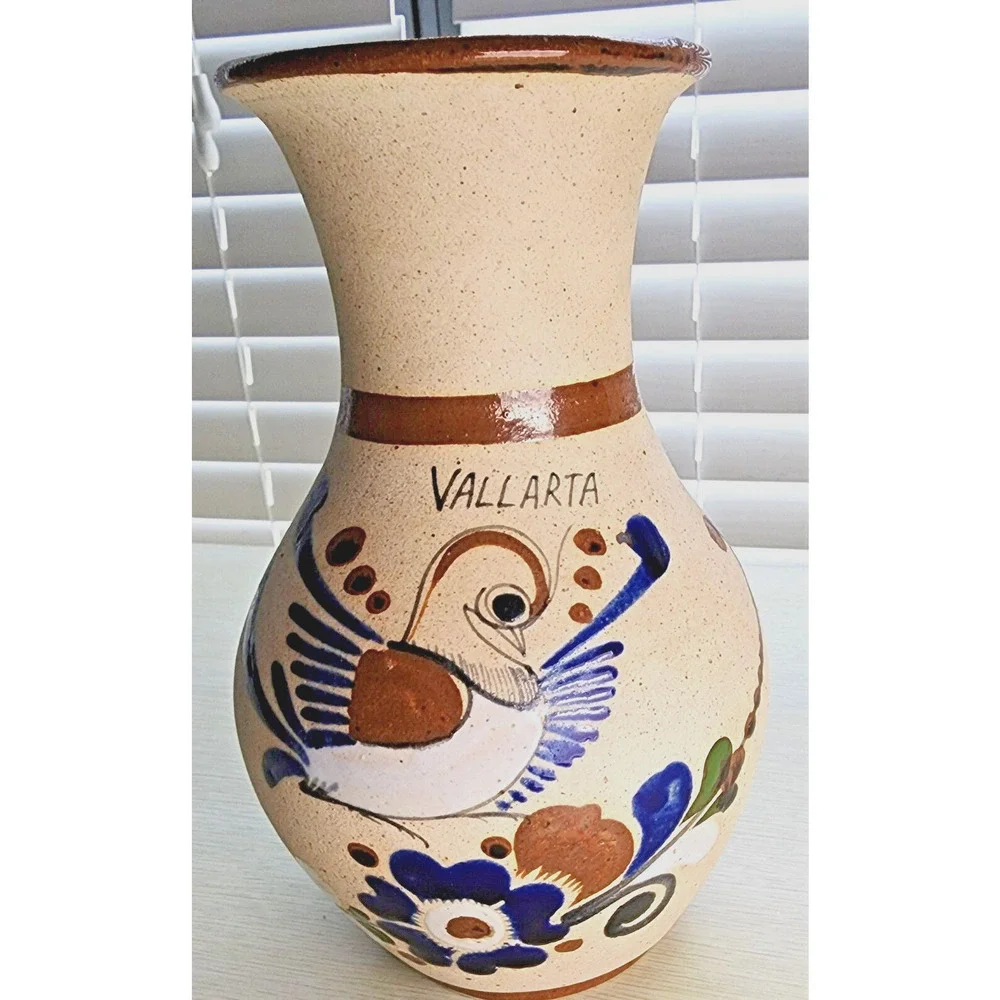 Vintage Vallarta Mexico Hand Painted Folk Art Pottery Vase Bird Floral Signed 9